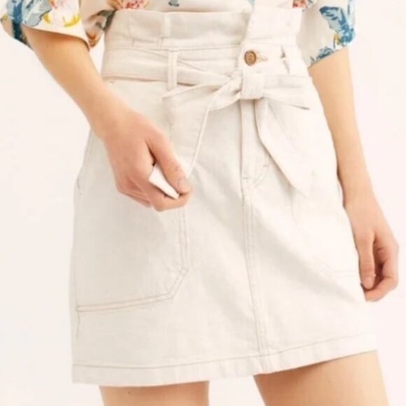 Free People Splendor in the Grass Denim Tie Paperbag Waist Denim Skirt 10 Ivory - Picture 1 of 8